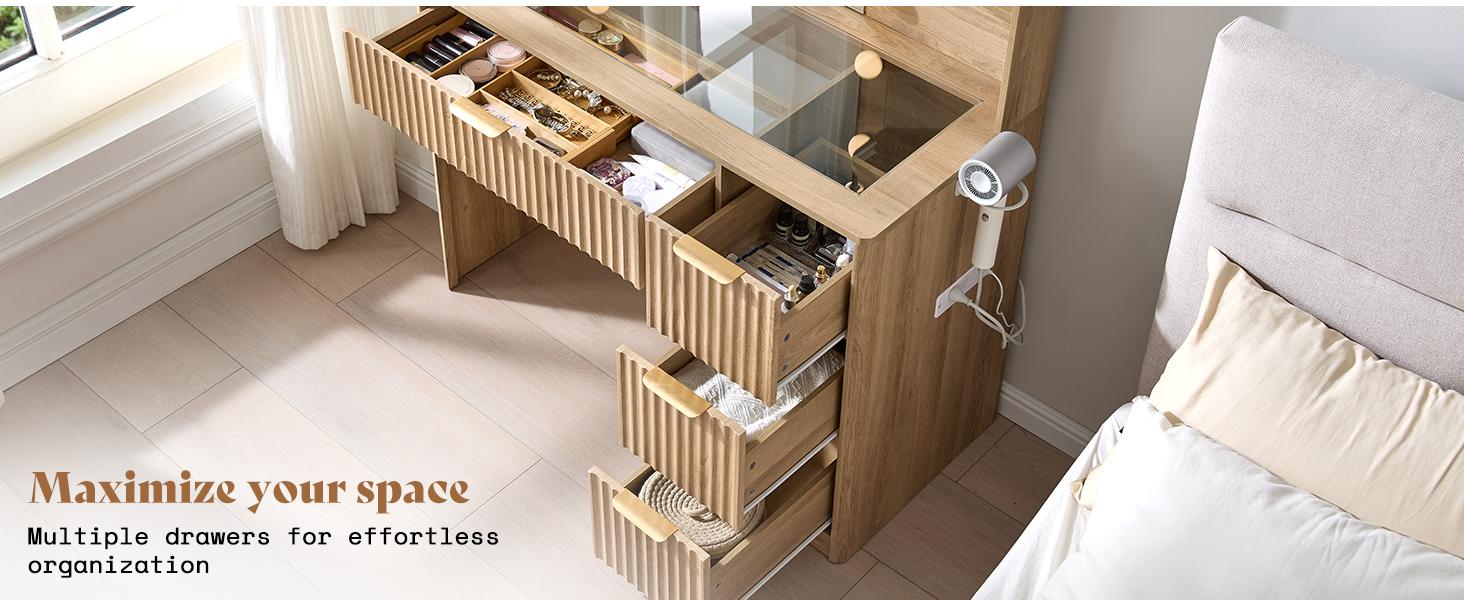 AMERLIFE 36.2/47.2" Fluted Vanity Desk with Mirror and Adjustable LED Lights, Large 4/7 Drawers Makeup Table with Glass Top and Charging Station for Women and Girls, Bedroom or Dorm/Best Gift Ideas/Christmas Gifts[tiktokshopbacktoschool][SohoChic]