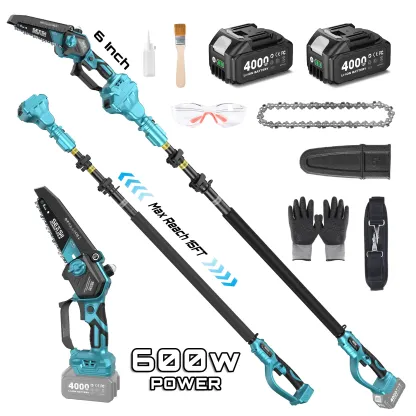SeeSii 2 en 1: Sierra de Pértiga Inalámbrica y Mini Motosierra (con 2 Baterías) — Sierra Eléctrica de Pértiga para Poda de Árboles, con Barra de Extensión y Alcance de 16 pies — Cortador y Podador de Ramas — Modelos P8 Ace / P6 Ace / CH800 — #Novedad