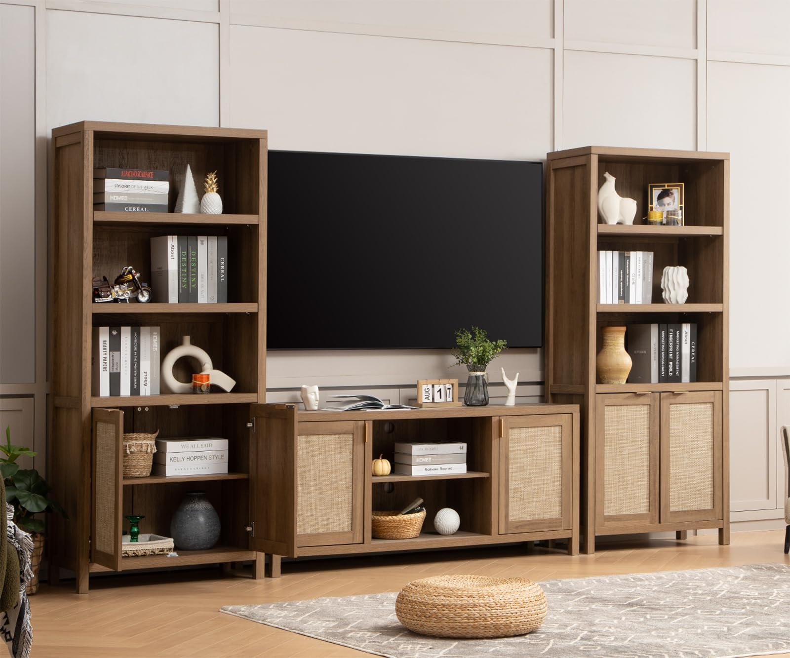 【SohoChic】SICOTAS TV Stand for Living Room Boho Entertainment Center for Bedroom with 4 Rattan Cabinets Farmhouse Television Stands with Storage Large Wood Media Console Table for TVs up to 45 50 55 60 65 Inch