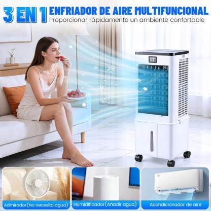 3 en 1 Aire Acondicionado Portátil, Enfriador de Aire Portátil con Tanque Con tanque de agua de 12L, control remoto y temporizador, y 4 cajas de cristales de hielo, Ideal para El hogar Dormitorio y Pequeñas Habitaciones