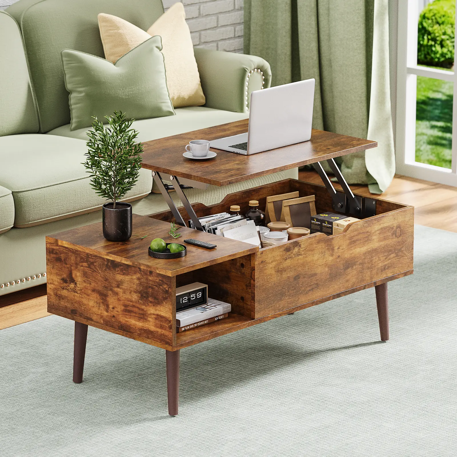 Mesa de centro Sweetcrispy de madera maciza con tablero elevable: mueble de interior de altura ajustable y diseño sencillo que combina con la decoración de la sala de estar; cuenta con estante y espacio de almacenamiento oculto, apta para comer.
