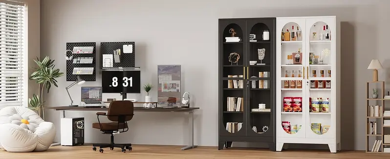 GEITIN Sturdy 70.87" Tall Metal Curio Cabinet - Lock-secure Glass Door, 5-Tier Room Furniture with 4 Adjustable Shelves, Home Bar & Tool Storage for Crockery, Collectibles, Files