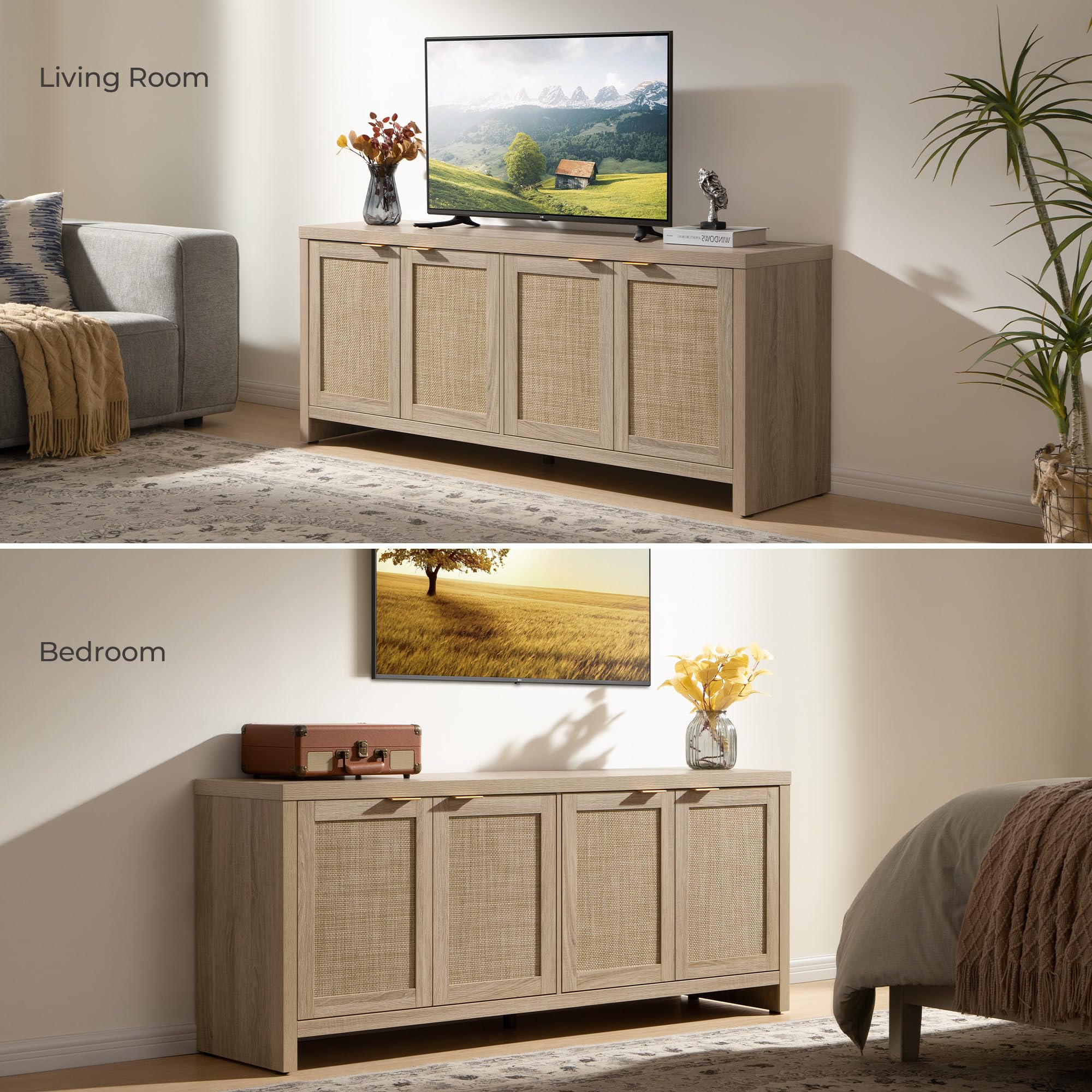 【SohoChic】SICOTAS TV Stand for Living Room Boho Entertainment Center for Bedroom with 4 Rattan Cabinets Farmhouse Television Stands with Storage Large Wood Media Console Table for TVs up to 45 50 55 60 65 Inch