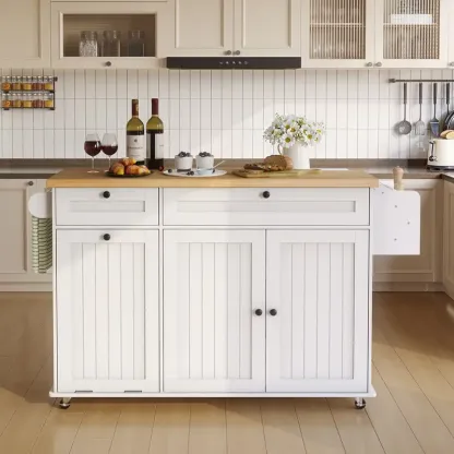 Isla de cocina ONBRILL de 60 pulgadas con toma de corriente y superficie abatible; isla móvil con especiero, toallero y soporte para cuchillos; carrito isla con compartimento para basura; mesa isla móvil para cocina.