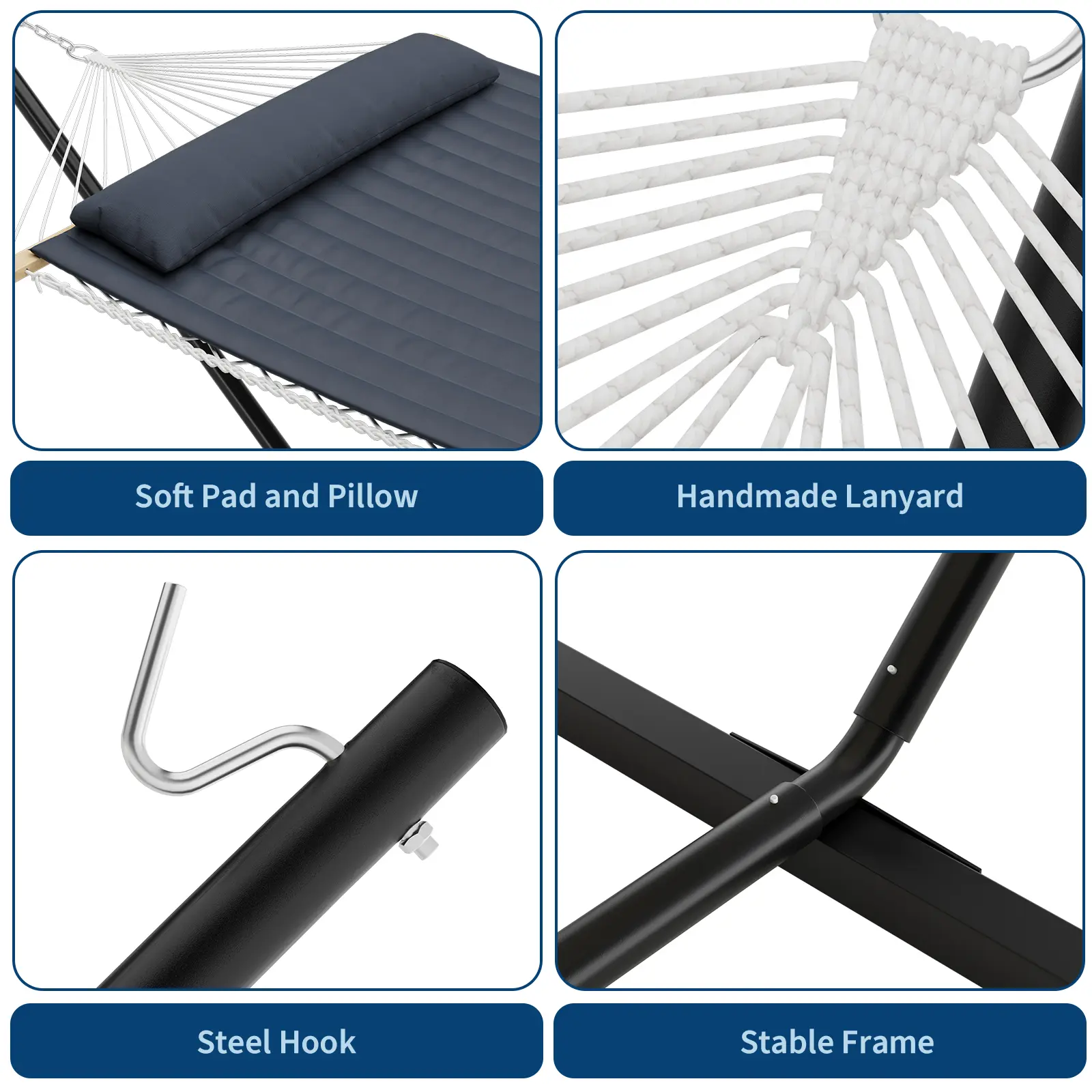 Double Hammock with Stand Included - 475lbs Heavy Duty 2 Person Hammock with Quilted Fabric Pad & Pillow - Hardwood Spreader Bar & 12FT Portable Steel Stand for Backyard, Patio, Indoor