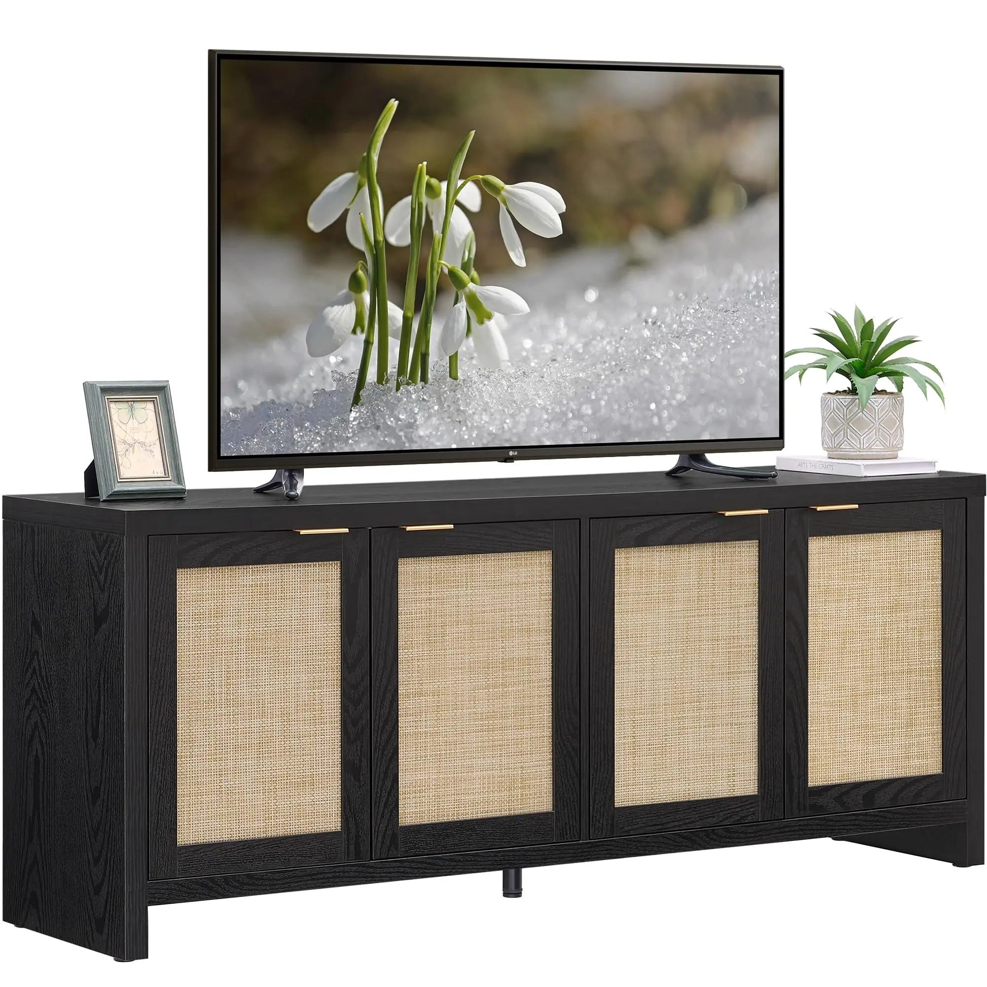 Mueble de TV SICOTAS para sala de estar o dormitorio; centro de entretenimiento de estilo boho con 4 armarios de ratán y diseño rústico; consola multimedia de madera con amplio espacio de almacenamiento para televisores de hasta 45, 50, 55, 60 y 65 pulgad