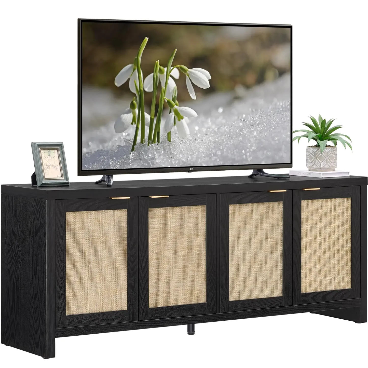 Mueble de TV SICOTAS para sala de estar o dormitorio; centro de entretenimiento de estilo boho con 4 armarios de ratán y diseño rústico; consola multimedia de madera con amplio espacio de almacenamiento para televisores de hasta 45, 50, 55, 60 y 65 pulgad