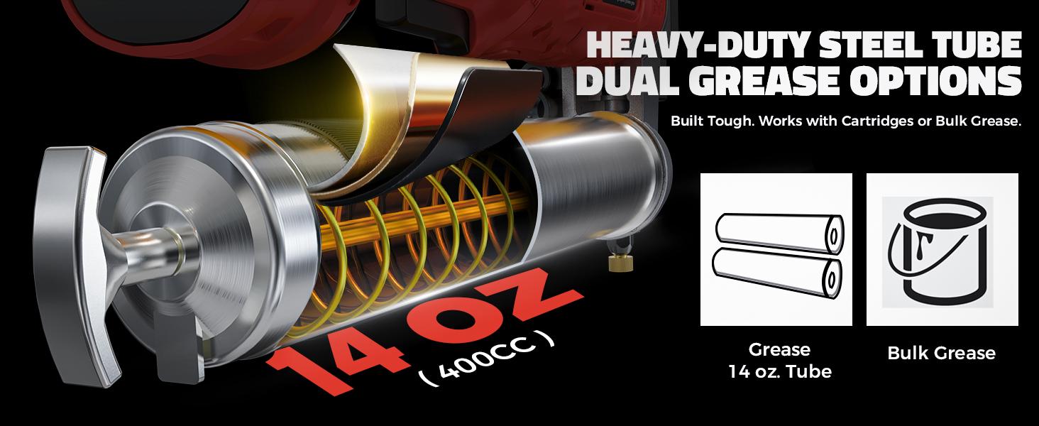 Cordless Grease Gun Compatible with Milwaukee/DeWalt Battery(NO BATTERY!!), 12000PSI, Dual Pistol & in-Line Grip, Works with Bulk & Cartridge Grease, with 39" Hose & 4 Couplers