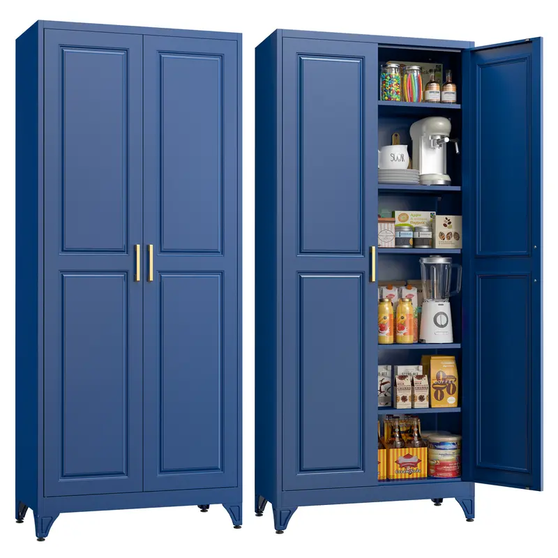 Armario cerrado con estructura metálica de 75 pulgadas: mueble rectangular para almacenamiento de alimentos con 5 estantes ajustables y extraíbles, 2 tiradores dorados y múltiples compartimentos; requiere montaje; mueble despensa moderno para coci