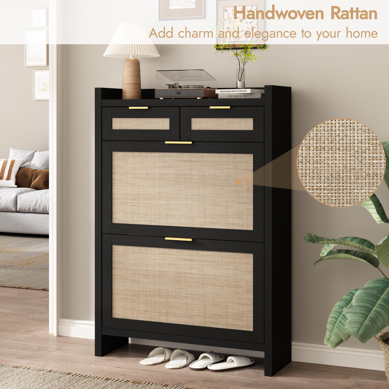 PieDle Furniture Boho-Chic Rattan Shoe Storage with Drawers for Home Entries