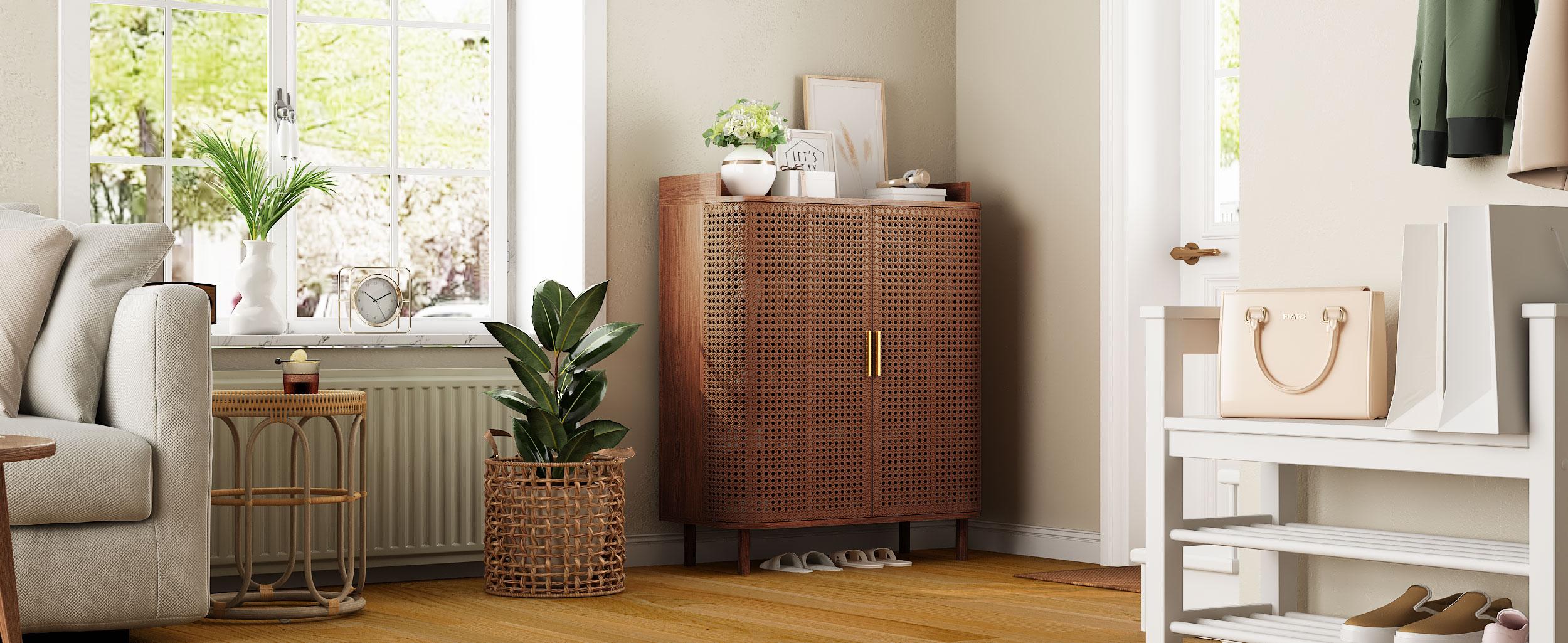 Giratree Shoe Cabinet, 5 Tier Boho Wooden Shoe Storage Organizer Cabinet with Adjustable Shelves, Shoes Rack with Iron Rattan Curved Doors Accent Cabinet for Entryway Hallway Living Room