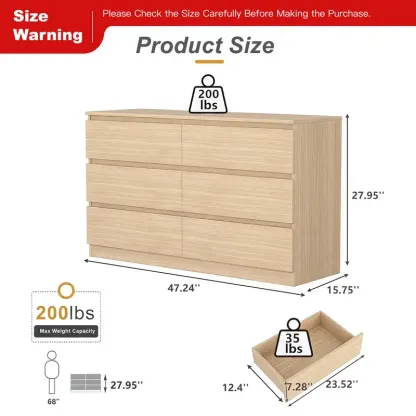 Cómoda moderna Spaco de 6 cajones para dormitorio (blanca): mueble ancho de madera con cajones profundos de deslizamiento suave; mueble de almacenamiento grande para interiores, ideal para apartamentos y decoración del hogar.