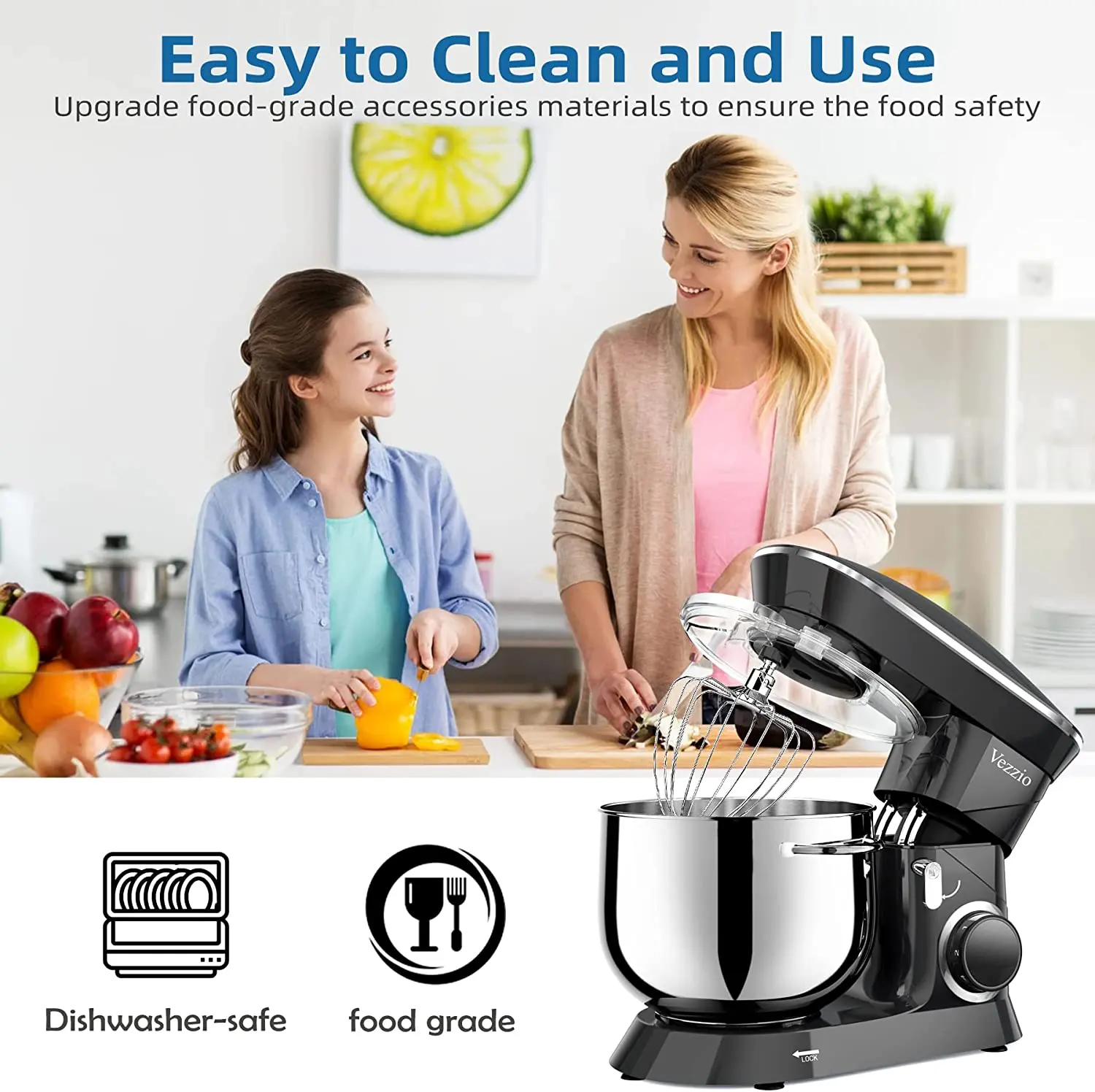 VEZZIO Batidora de pie de 9.5 cuartos, batidora de alimentos de 10 velocidades con cabezal inclinable, batidora eléctrica de cocina Vezzio de 660 W con tazón de acero inoxidable y accesorios aptos para lavavajillas, ideal para la mayoría de los cocineros 
