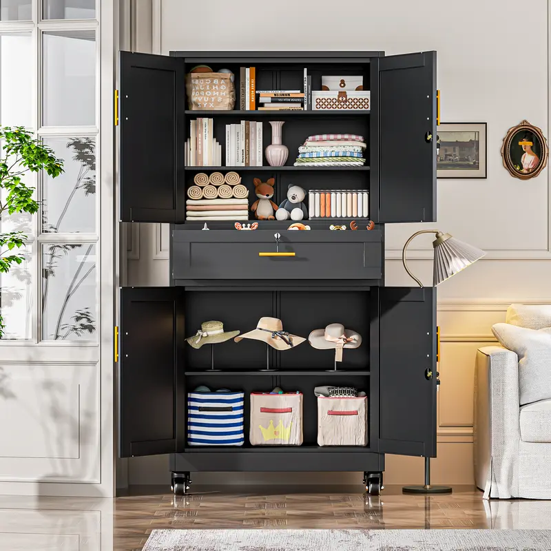75" Lockable Metal Storage Cabinet with Wheels, Rolling Tool Organizer with Shelves & Drawer for Multi-Scene Use