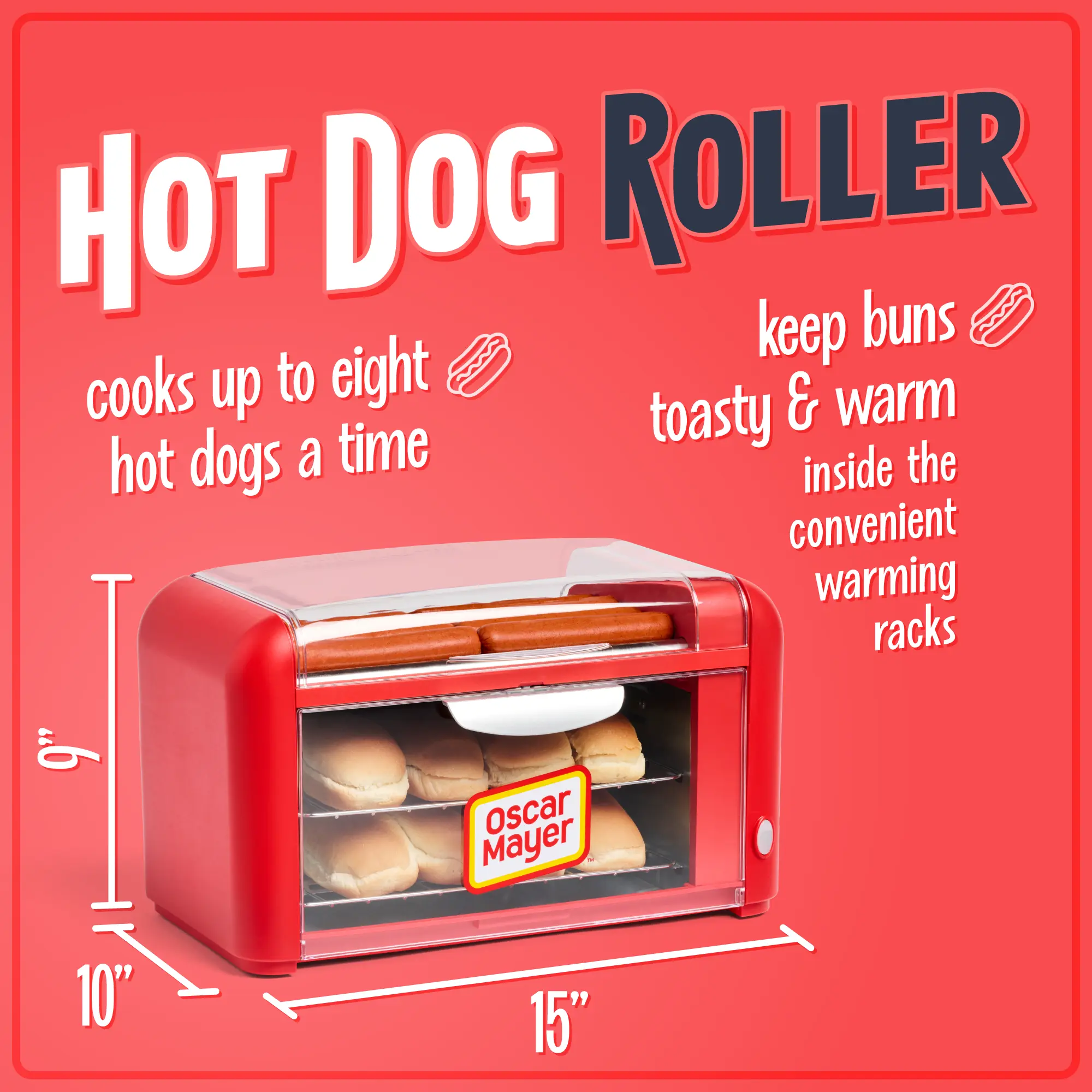 Oscar Mayer Hot Dog Roller & Bun Warmer - Red Compact Classic Corded Household Appliance with Adjustable Timer, See-Through Doors for Picnics, Gatherings, Household Appliances, Kitchen Appliances