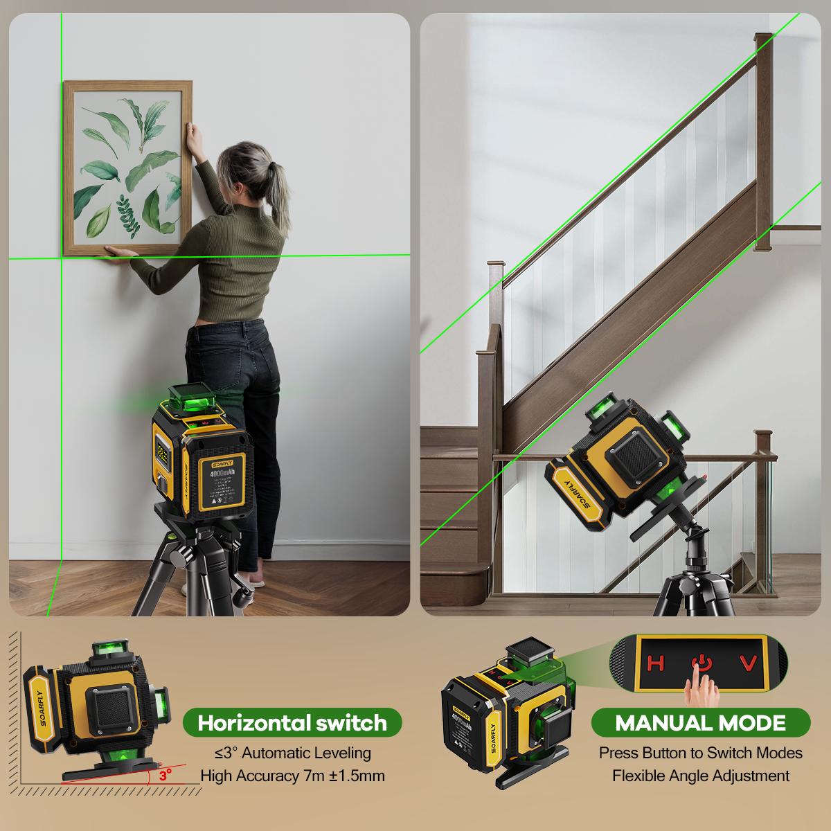 SOARFLY X16 Laser Level with Tripod, 4 x 360 Self Leveling Line Laser, 16 Lines 4D Green Laser, Cross Lines Tool with 2 Batteries for Tile, Picture Hanging, Home Renovation