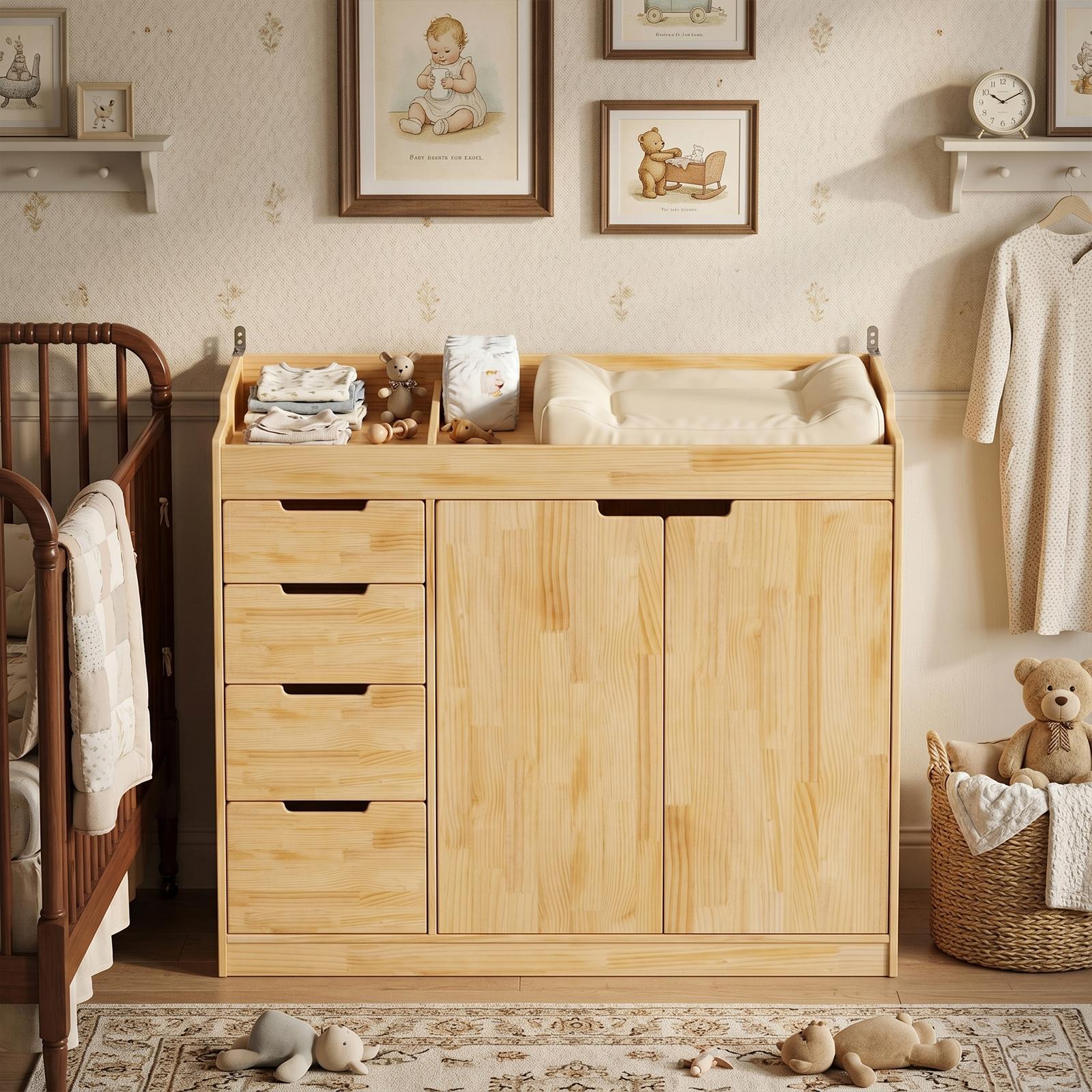 Deborah Changing Table Dresser Antique White with Exposed Shelves,5 Exposed Drawers & Space for Changing Pad, High-Quality Engineered Wood