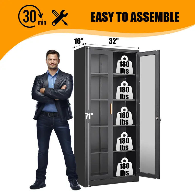 POLUP Armario independiente, resistente e impermeable de 71 pulgadas: vitrina rectangular de vidrio con puerta con cerradura, estructura metálica y puerta de cristal, 4 estantes ajustables, base plana, decoración moderna para el hogar; mueble de almacenam