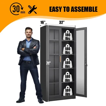 POLUP Armario independiente, resistente e impermeable de 71 pulgadas: vitrina rectangular de vidrio con puerta con cerradura, estructura metálica y puerta de cristal, 4 estantes ajustables, base plana, decoración moderna para el hogar; mueble de almacenam