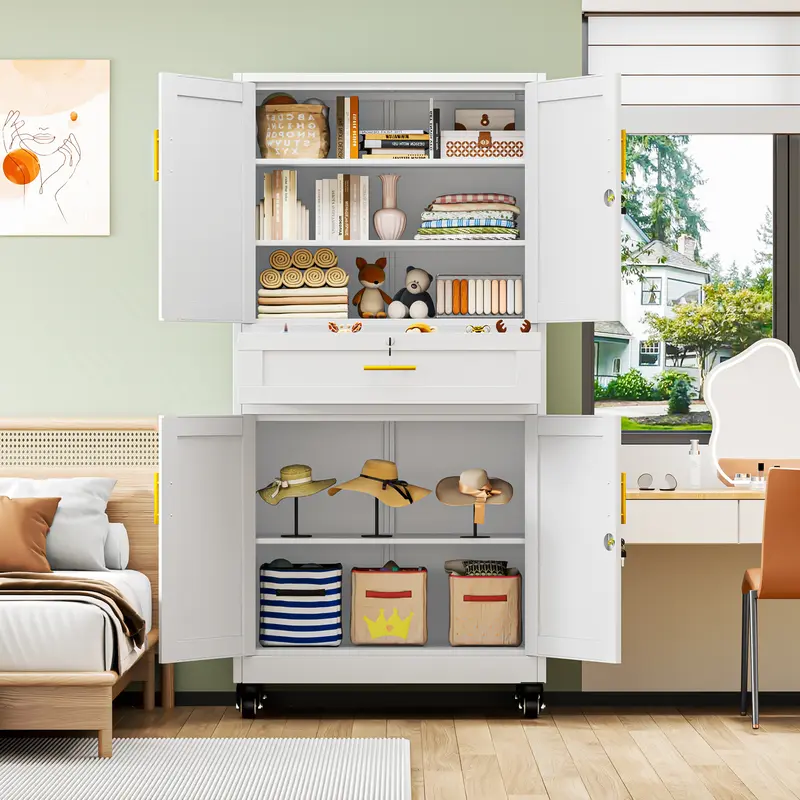 75" Lockable Metal Storage Cabinet with Wheels, Rolling Tool Organizer with Shelves & Drawer for Multi-Scene Use