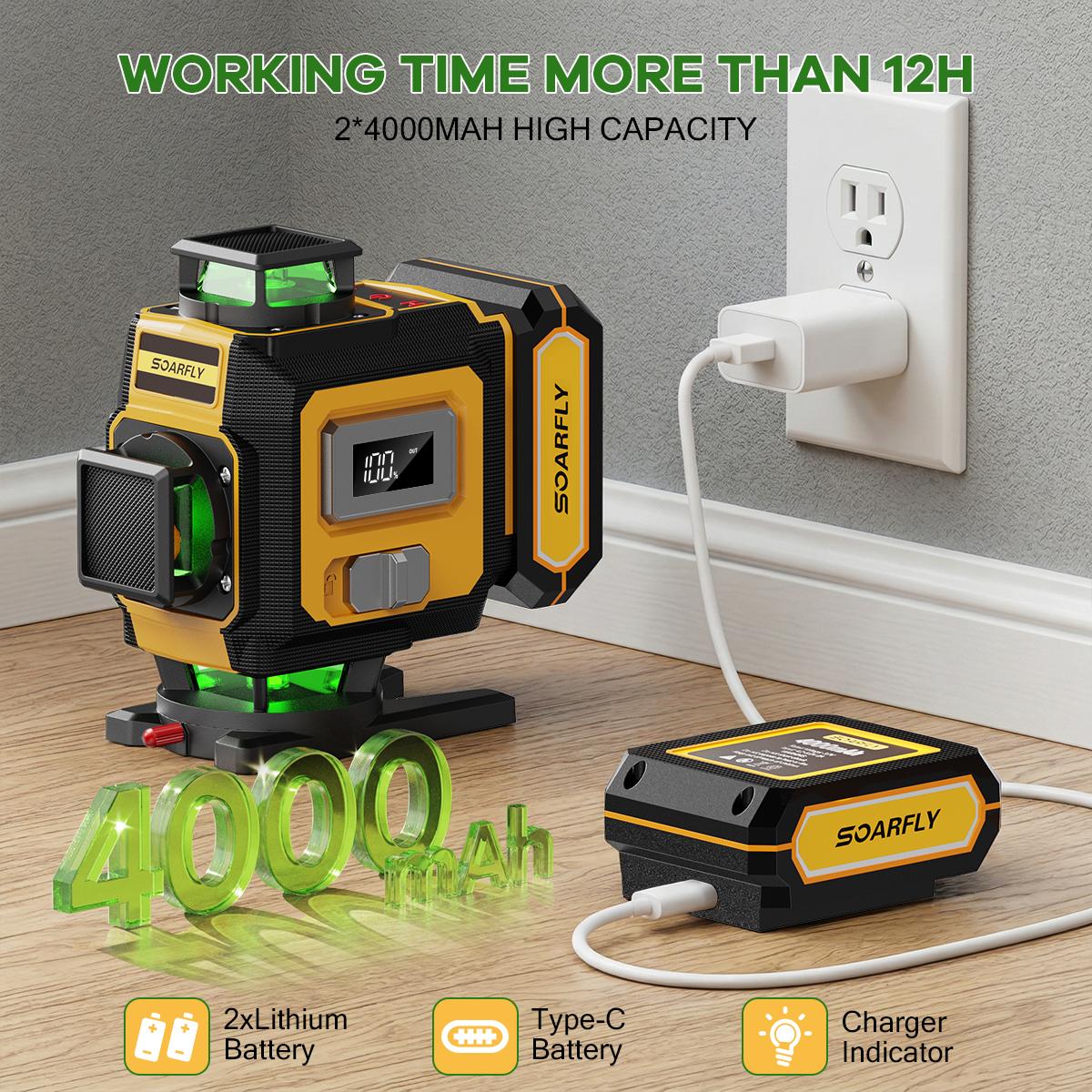 SOARFLY X16 Laser Level with Tripod, 4 x 360 Self Leveling Line Laser, 16 Lines 4D Green Laser, Cross Lines Tool with 2 Batteries for Tile, Picture Hanging, Home Renovation