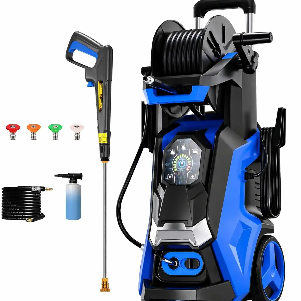 Hidrolimpiadora eléctrica de alta presión (2800 PSI, 1.9 GPM) con pantalla táctil, presión ajustable, 4 boquillas y cañón de espuma de 500 ml para la limpieza de patios.