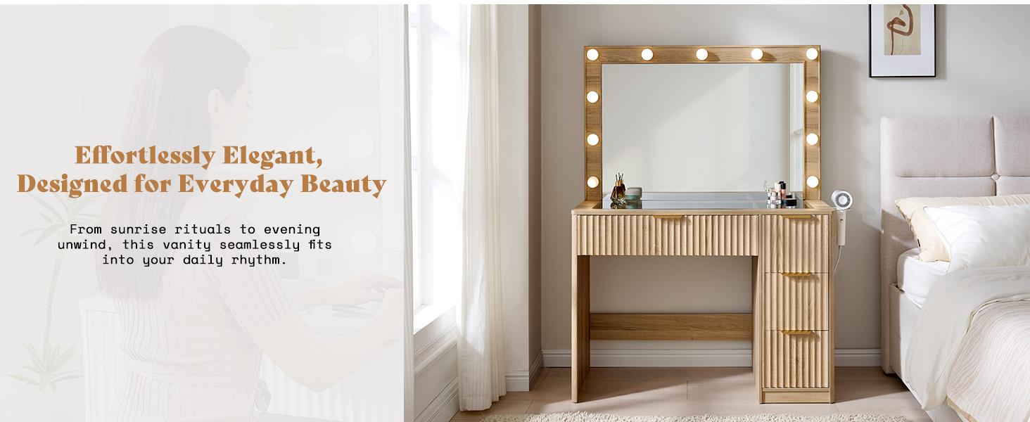 AMERLIFE 36.2/47.2" Fluted Vanity Desk with Mirror and Adjustable LED Lights, Large 4/7 Drawers Makeup Table with Glass Top and Charging Station for Women and Girls, Bedroom or Dorm/Best Gift Ideas/Christmas Gifts[tiktokshopbacktoschool][SohoChic]