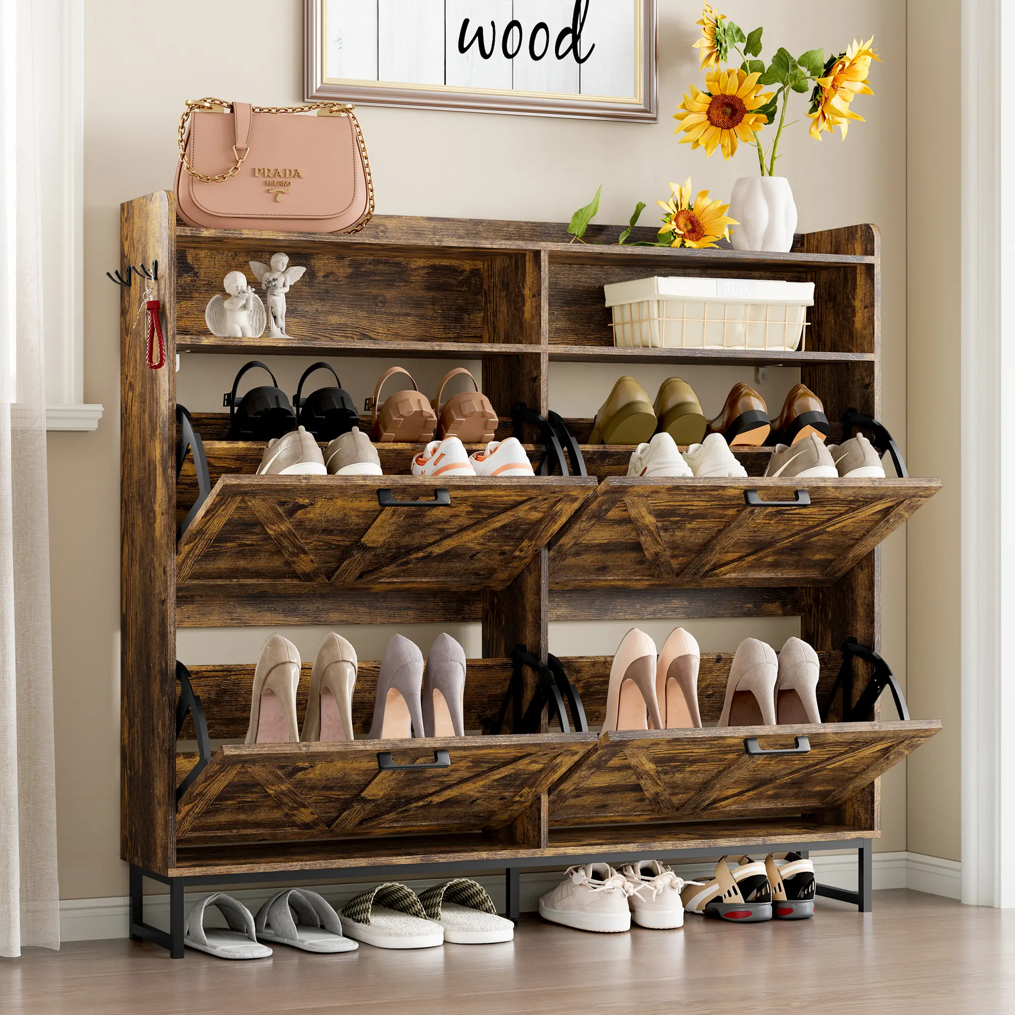 Zapatero abatible independiente de doble cajón | Armario de almacenamiento de madera de diseño estilizado con estantes ocultos | Zapatero para pasillo, sala de estar y dormitorio