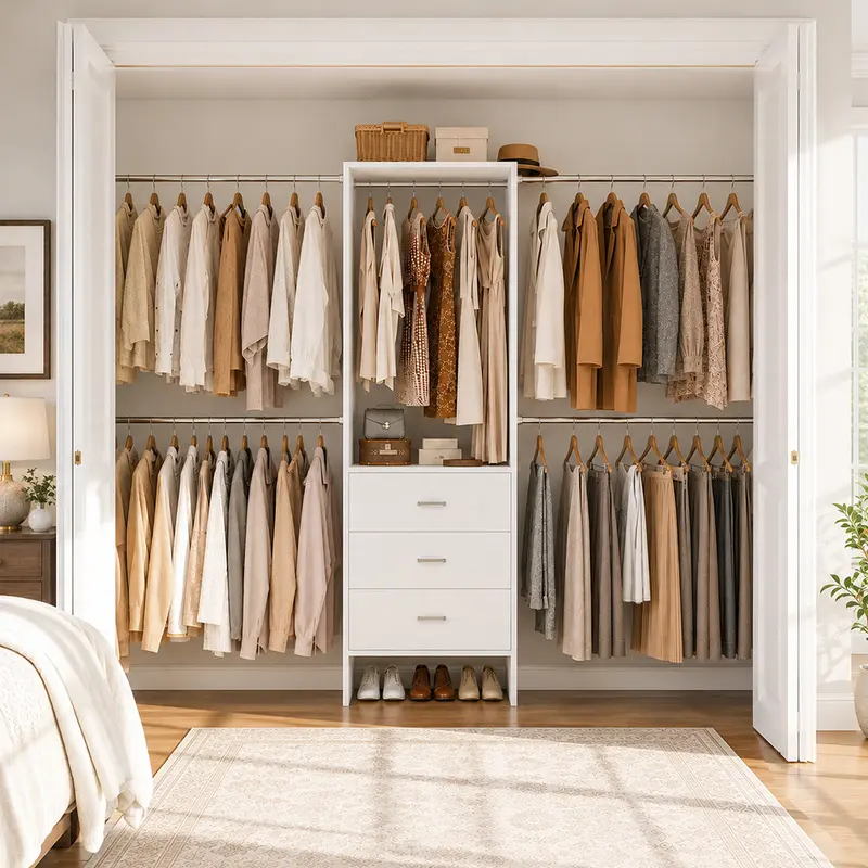 Sistema de armario de 118 pulgadas de ancho con cajones y barras para colgar; organizador ajustable tipo vestidor, perchero para ropa ideal para armarios, lavandería, dormitorios y decoración del hogar.