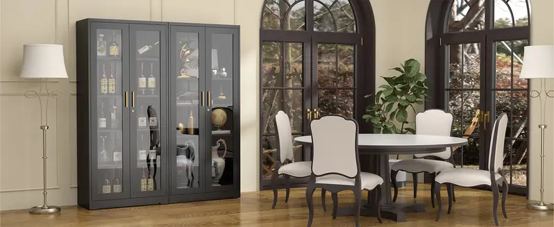 POLUP 71" Sturdy Waterproof Freestanding Cupboard - Rectangle Glass Display Cabinet with Lockable Door, Glass Door Metal Case, 4 Adjustable Shelves, Flat Base, Modern Home Decor, Black Locking Storage for Home Office, Liquor, Kitchen