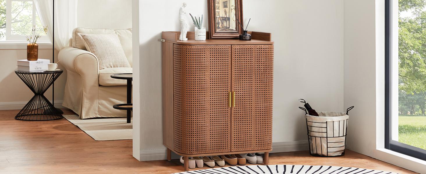 Giratree Shoe Cabinet, 5 Tier Boho Wooden Shoe Storage Organizer Cabinet with Adjustable Shelves, Shoes Rack with Iron Rattan Curved Doors Accent Cabinet for Entryway Hallway Living Room