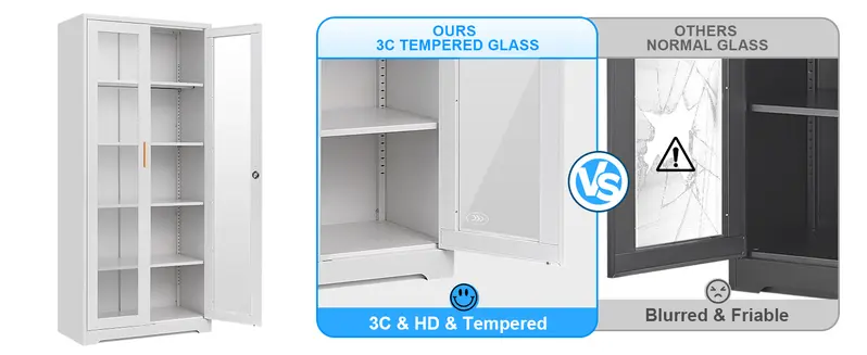 POLUP 71" Sturdy Waterproof Freestanding Cupboard - Rectangle Glass Display Cabinet with Lockable Door, Glass Door Metal Case, 4 Adjustable Shelves, Flat Base, Modern Home Decor, Black Locking Storage for Home Office, Liquor, Kitchen