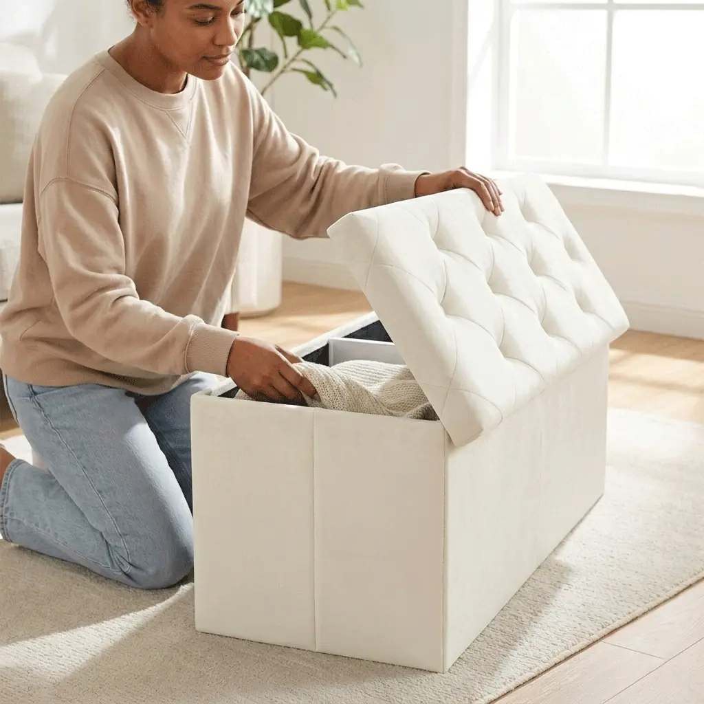 Banco otomano de almacenamiento plegable y reposapiés con asiento acolchado; gran baúl para juguetes con asiento; soporta hasta 660 libras (aprox. 300 kg) – Gris