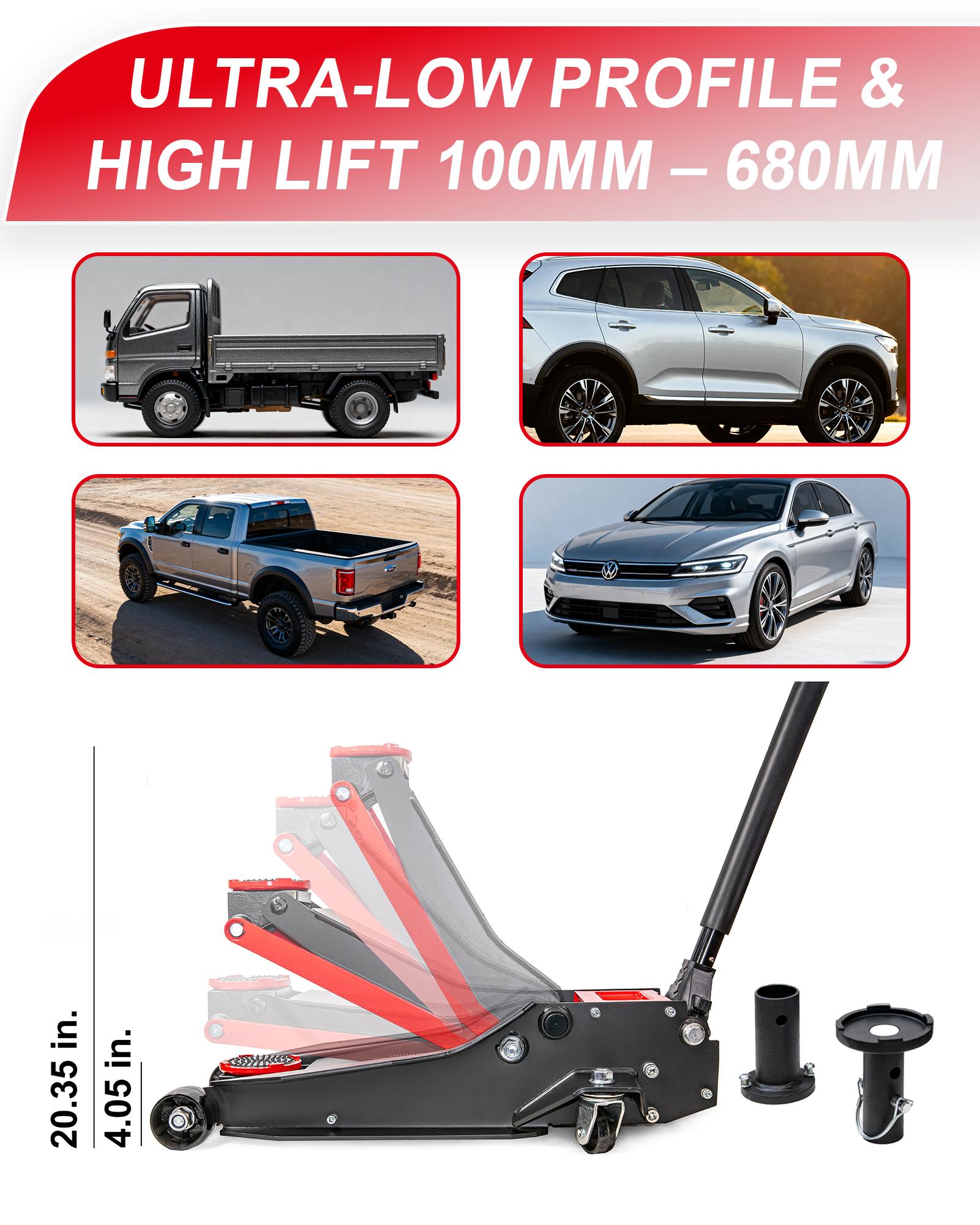 with detachable lifting tray 4 Ton Low Profile Racing Floor Jack, Dual Pump Fast Lift Alloy Steel 4 Ton Floor Jack for Car, SUV and Truck, 100mm&ndash;680mm (4"&ndash;26.8") Lift Range Heavy Duty Car Jack Hydraulic