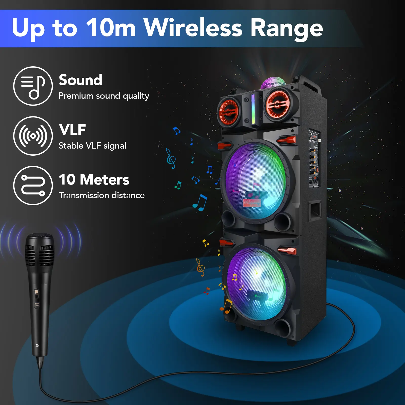 DAZONE Portable Wireless Bluetooth PA System Karaoke Machine with Dual 10" Subwoofers, 3" Tweeters, Colorful Flashing Party Lights, Microphone, Remote, Rechargeable Battery, Audio Cable, Memory Function