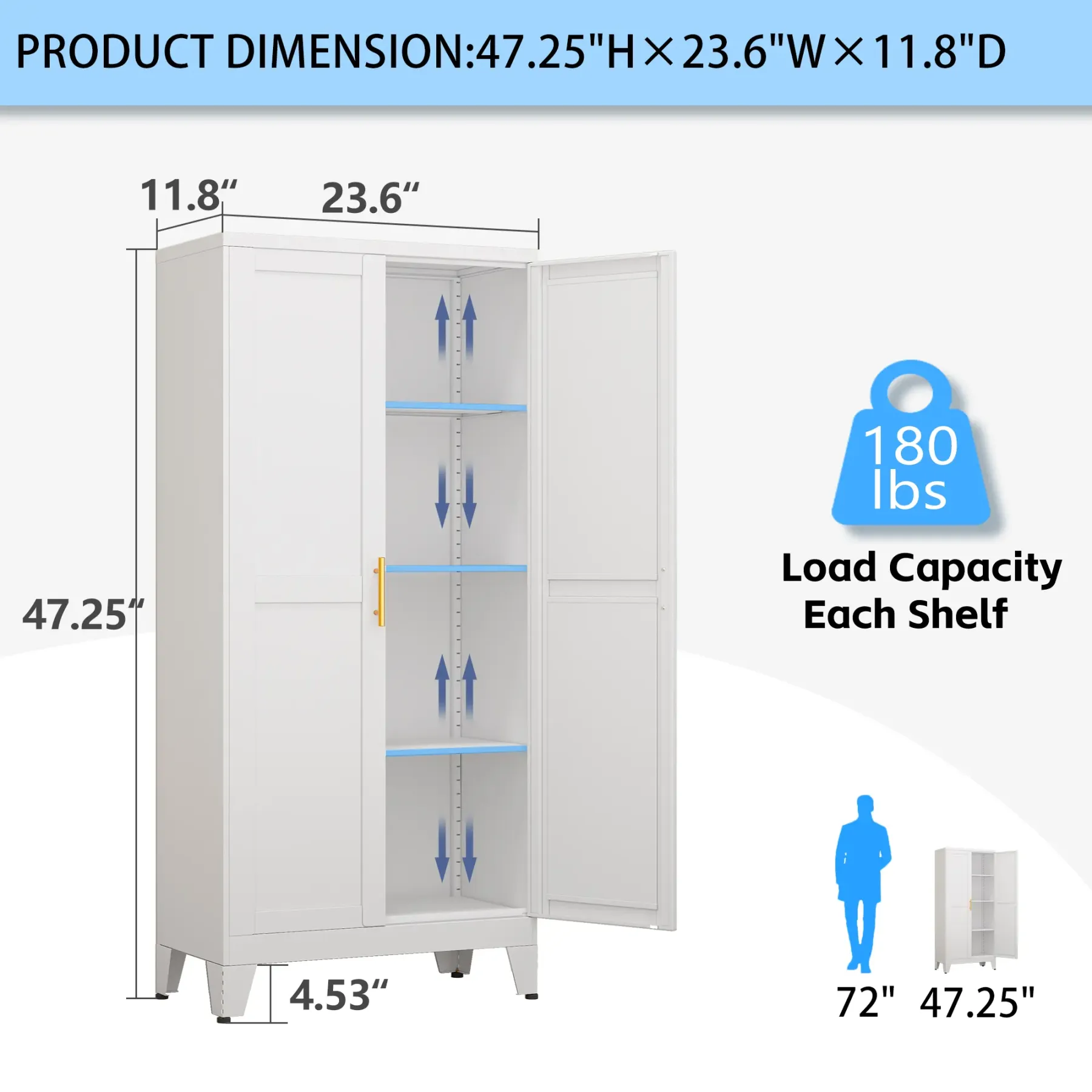 Armario despensero de metal con 2 puertas y estantes ajustables. Disponible en cuatro tamaños: 47", 61", 71" y 75". Armario de almacenamiento para cocina con tiradores dorados: solución versátil para cocina, baño, comedor o cuarto de servicio.