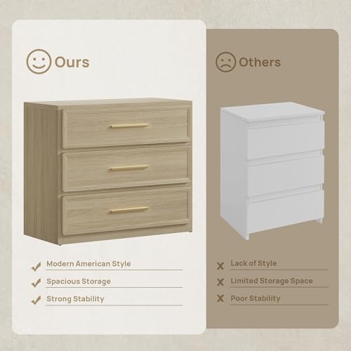「SohoChic」SICOTAS Oversized Tall Nightstand with 3 Storage Drawers & Golden Handles, Modern Home/Bedroom Decor End Table for Bedside, Nurseries, Assembly Required, Waterproof Indoor Furniture