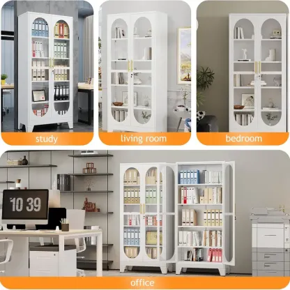 Vitrina metálica resistente de 180 cm de altura con puerta de cristal con cerradura, mueble de cinco niveles con cuatro estantes ajustables, ideal para bar en casa y almacenamiento de utensilios para vajilla, objetos de colección y archivos.