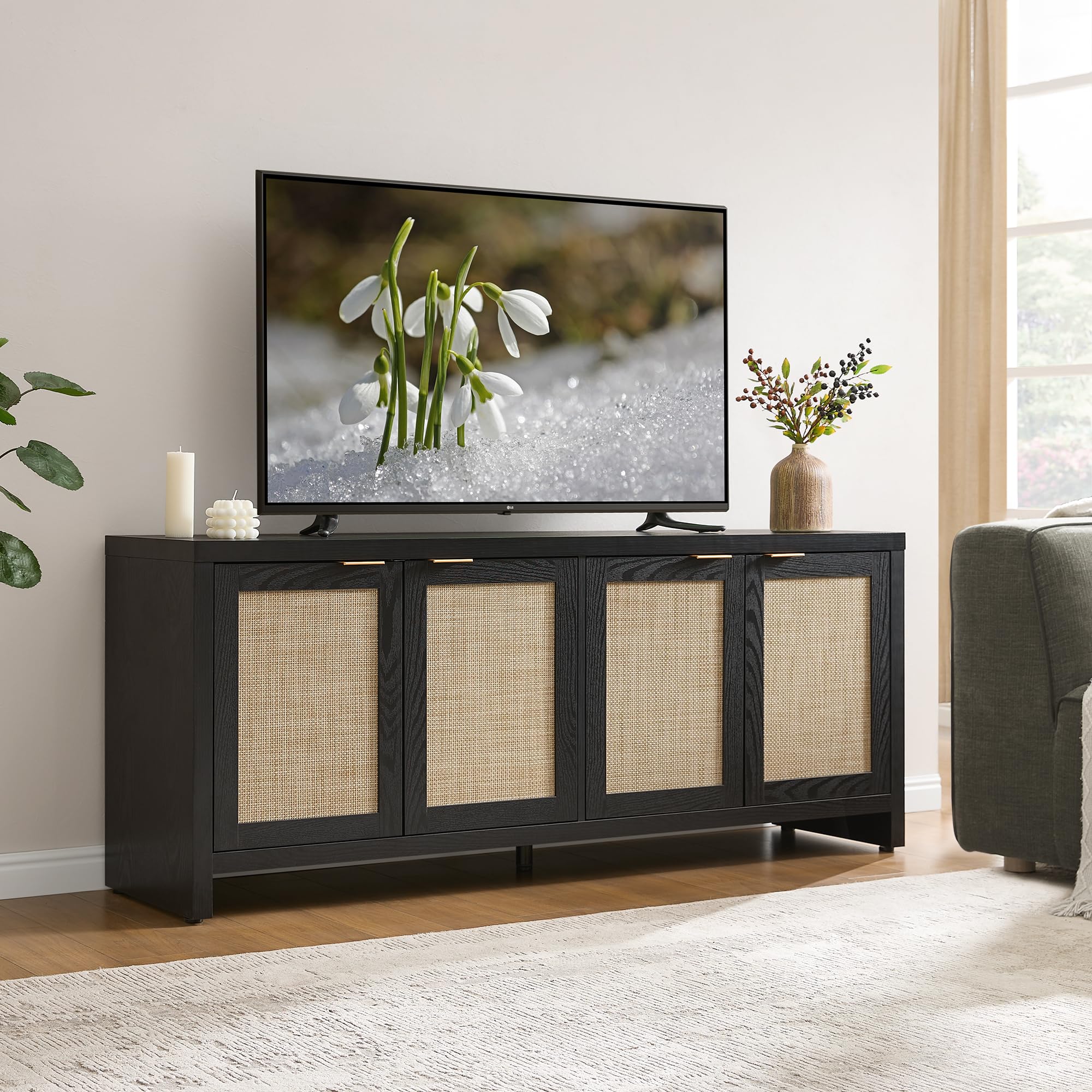 【SohoChic】SICOTAS TV Stand for Living Room Boho Entertainment Center for Bedroom with 4 Rattan Cabinets Farmhouse Television Stands with Storage Large Wood Media Console Table for TVs up to 45 50 55 60 65 Inch