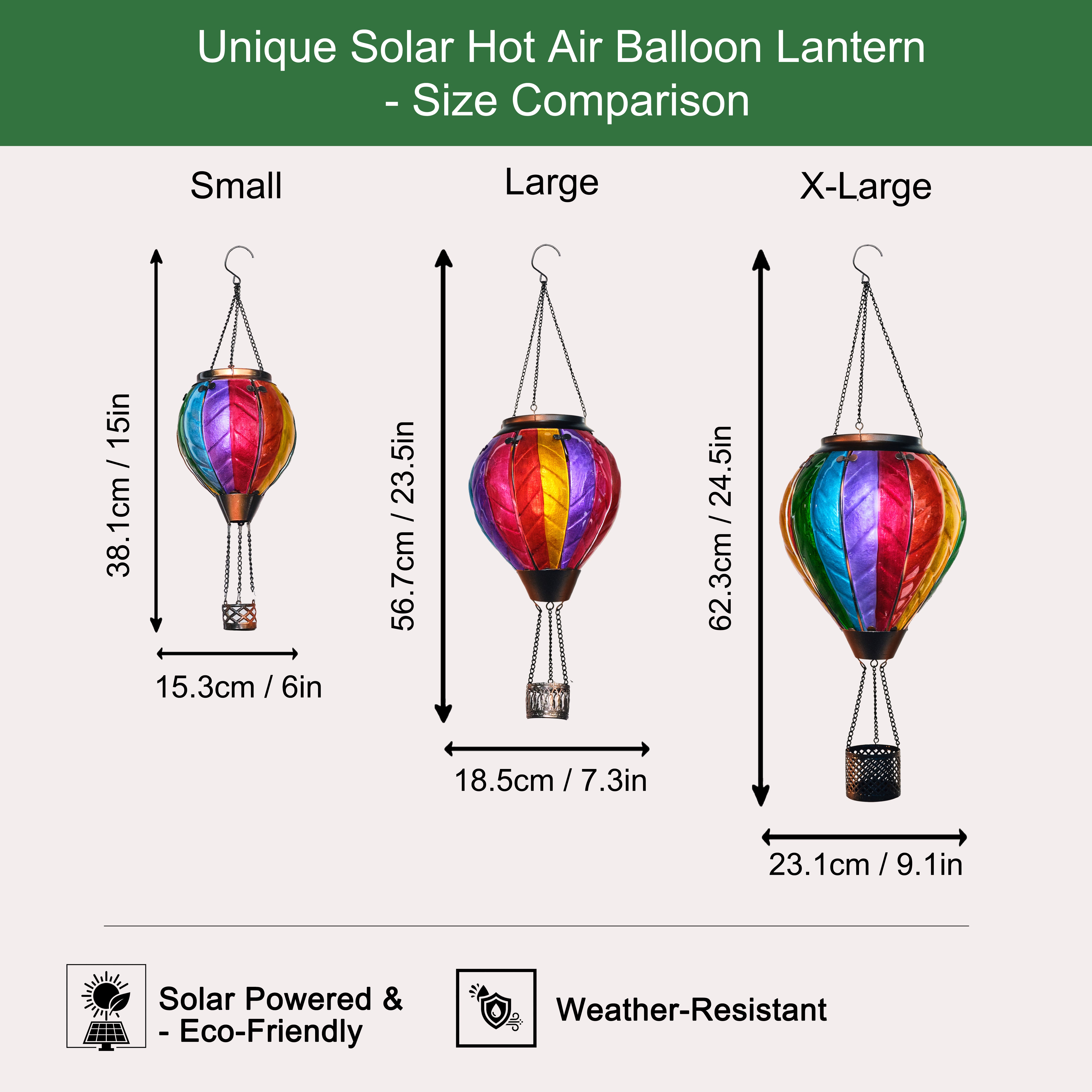 Size chart showing dimensions of the solar hot air balloon lantern, including height and width, designed for backyard, patio, and garden décor