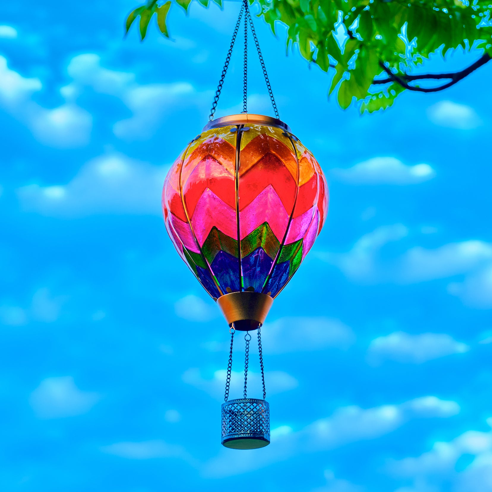 front view of rainbow hot air balloon solar lantern for backyard decoration