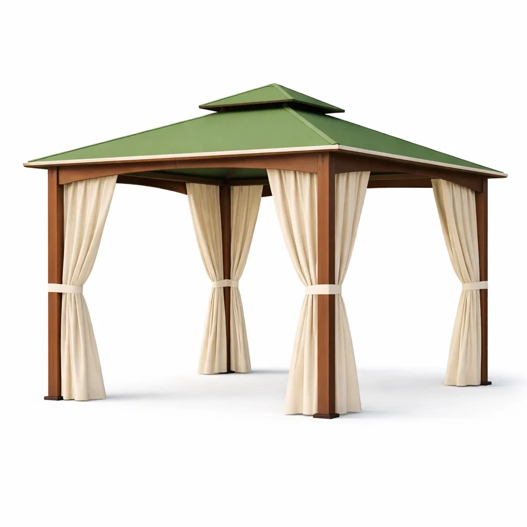 Pavillon holzrahmen beige vorhänge grünes dach-DWELLHARMONI
