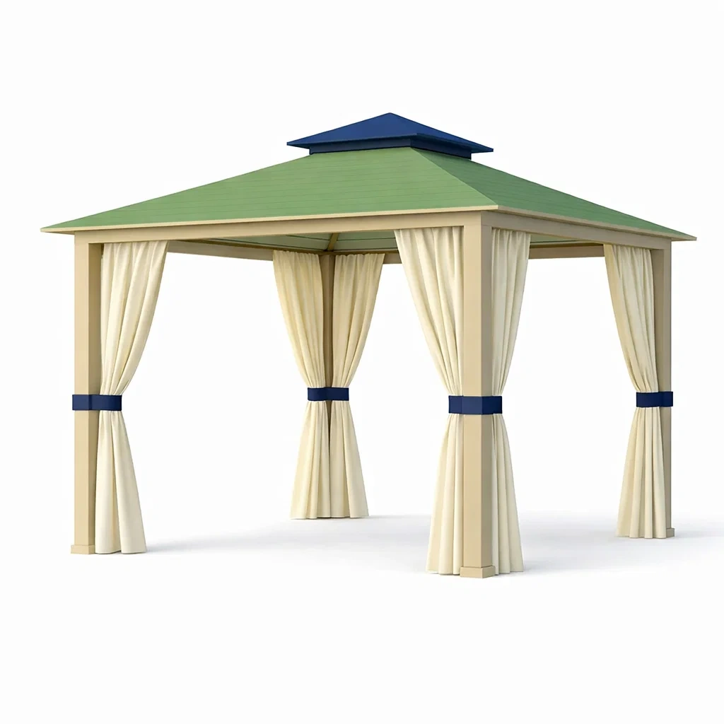 Pavillon aluminium mit polyester vorhängen beige grün blau creme-DWELLHARMONI