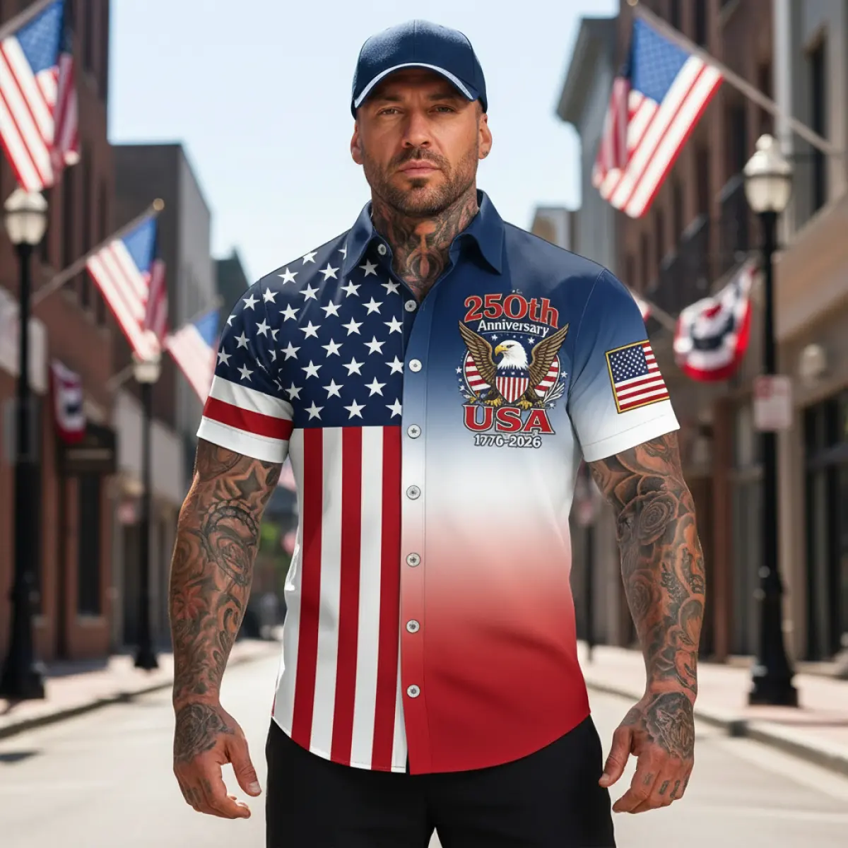 Polyester 250th USA Anniversary Short Sleeve Shirt With American Flag Print And Eagle Design