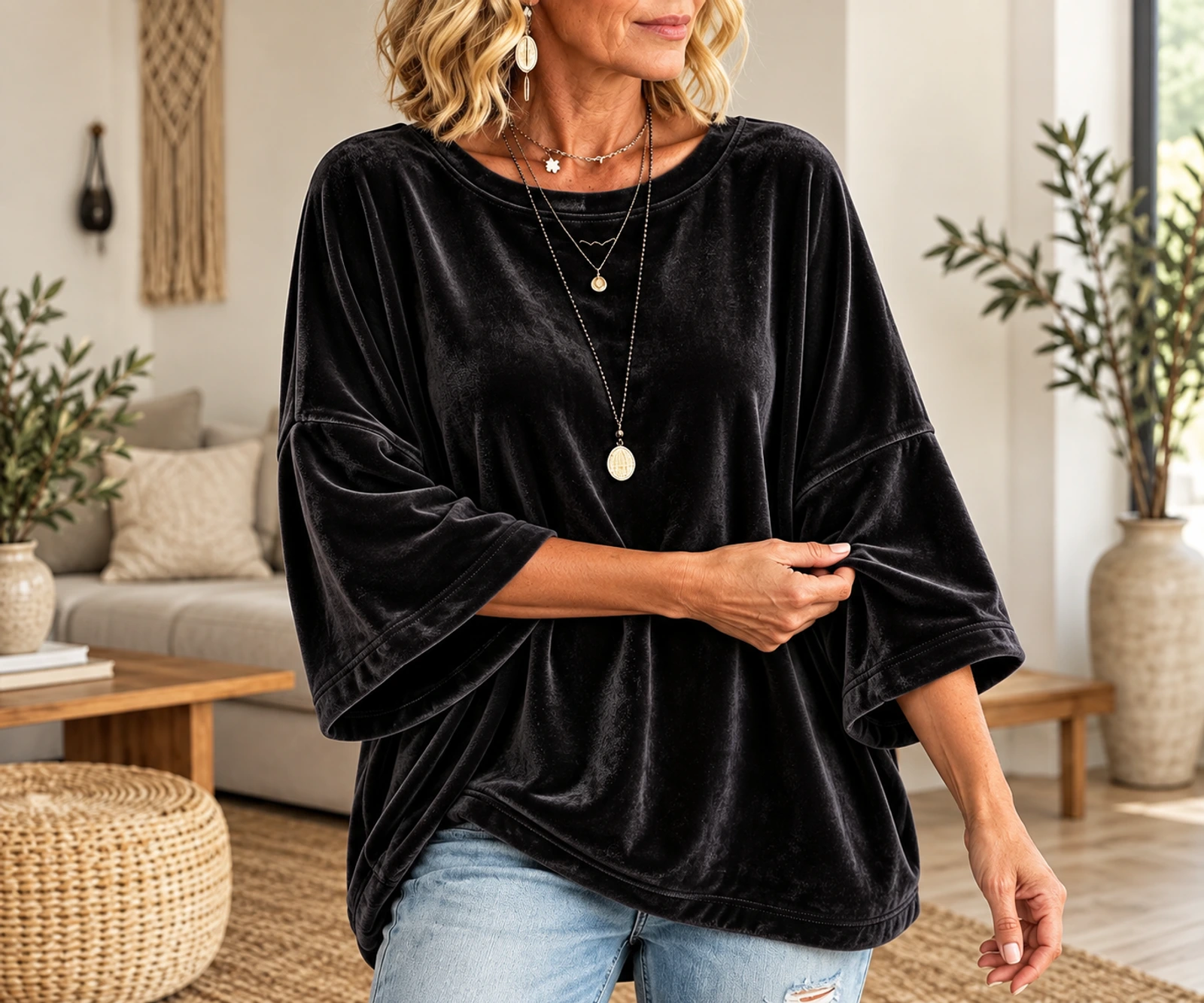 Close view of black velour texture and three-quarter sleeve