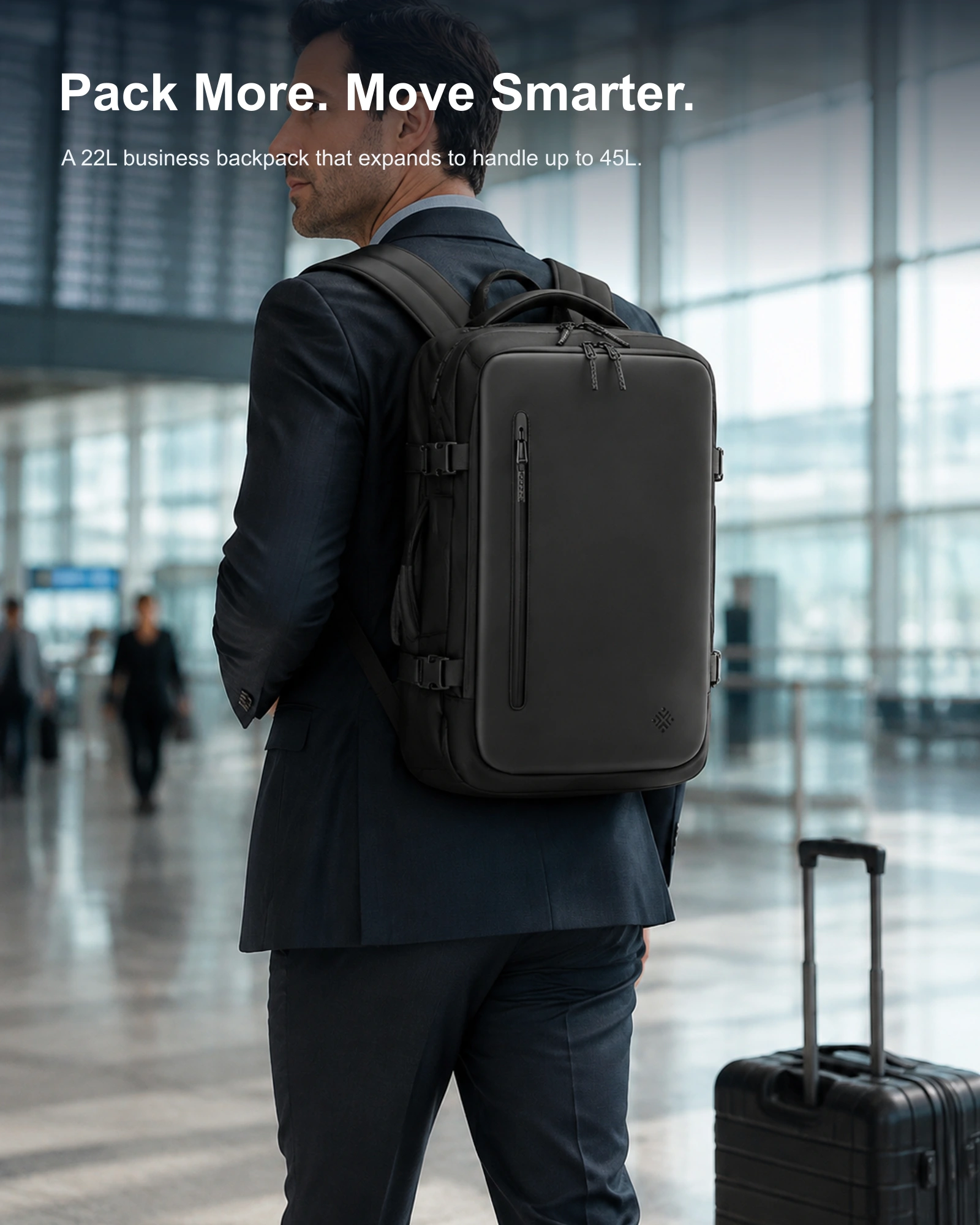 Business traveler carrying AeroFlex vacuum compression backpack