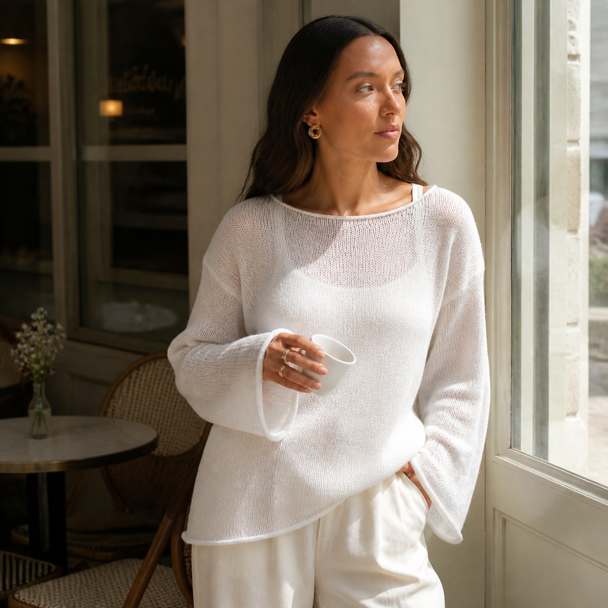 White airy knit sweater styled by a café window