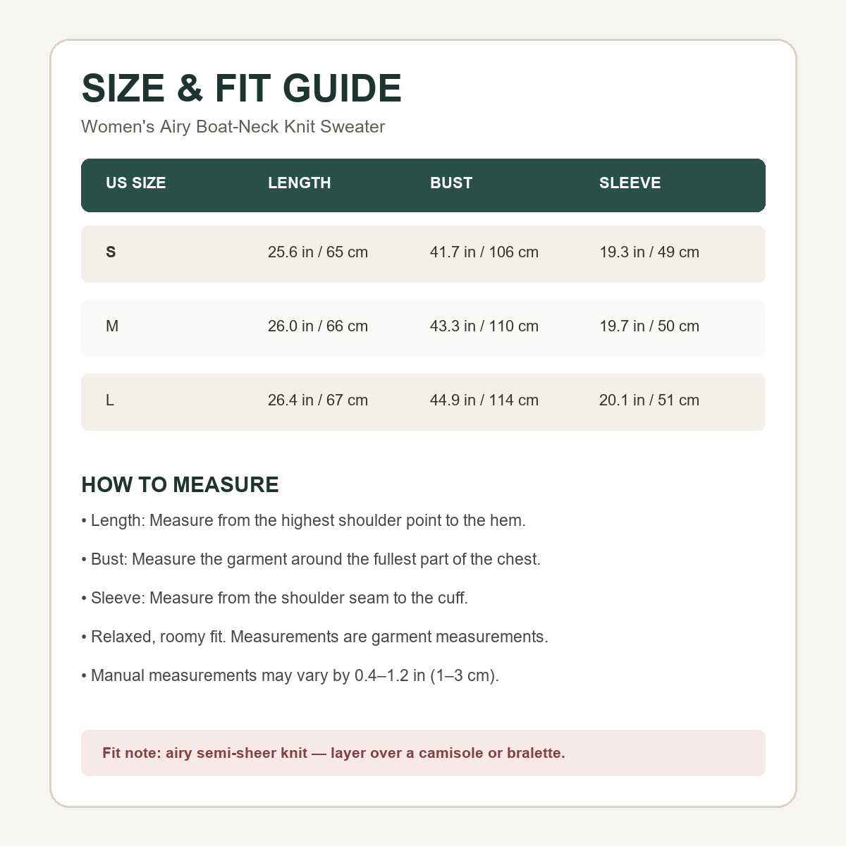 US size guide with inch and centimeter measurements