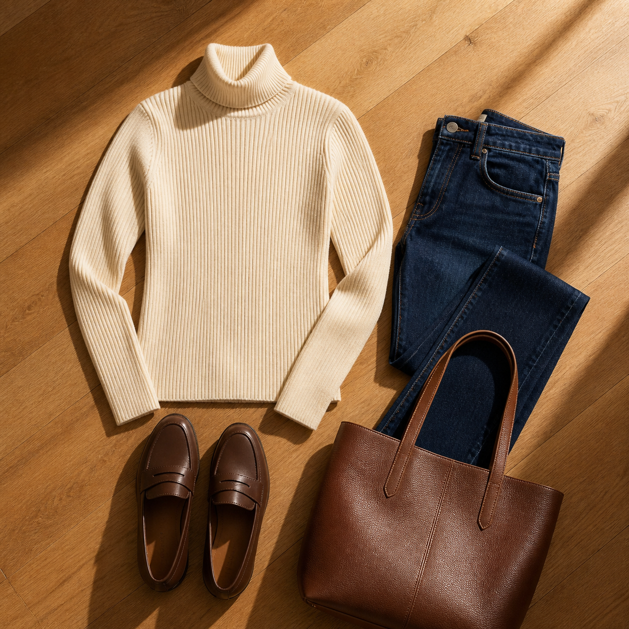 Ivory ribbed sweater flat-lay outfit