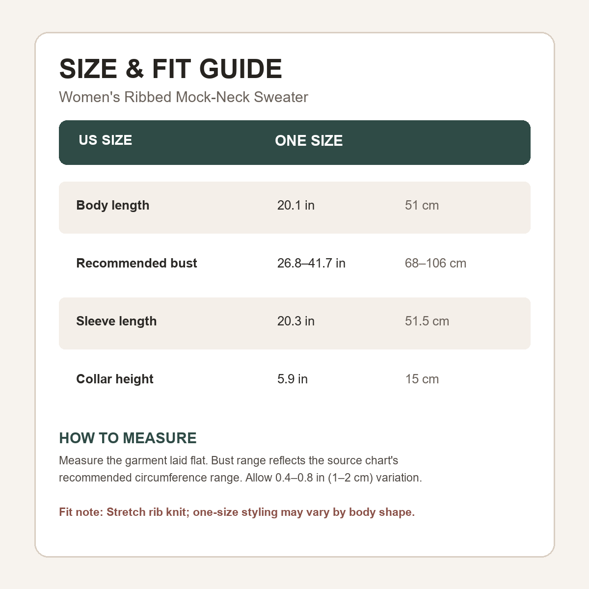 US size and fit guide with inch and centimeter measurements